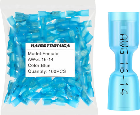 haisstronica 100pcs Blue Heat Shrink Female Spade Connectors,16-14 Gauge Insulated Electrical Crimp Wire Terminals...