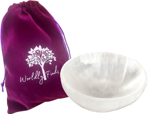 Worldly Finds Selenite Crystal Smudge Bowl 4 Inch, 6 Sizes, Hand-Carved, Moroccan Crystal Holder to Charge, Cleanse Crystals, Charging, Smudging B...