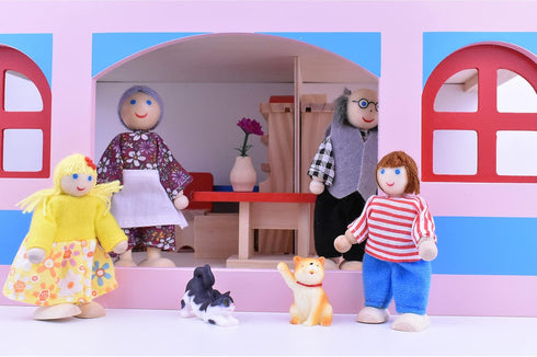 Wooden Dollhouse People, 2-4 inches Doll House Dolls Family with 2 Pets (Dog and Cat)...