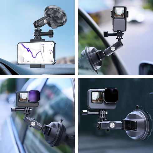 TELESIN Suction Cup Car Mount with Phone Holder, Windshield Window Dashboard Boats Vehicle Attach for GoPro Max Mini Hero 12 11 10 9 8 7 6 5 Insta...