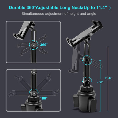 Cup Holder Car Tablet Mount, 360° Adjustable 2-Arm Stand Holder for iPad Pro 12.9/11/10.5/9.7/Air/Mini 6/5/4, Samsung Galaxy Tab/Z Fold 4/3, Amazo...