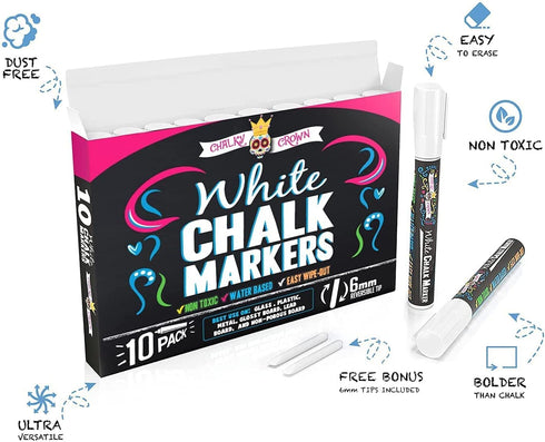 CHALKY CROWN Liquid Chalk Marker Pen - White Dry Erase Marker - Chalk Markers for Chalkboard Signs, Windows, Blackboard, Glass - 6mm Reversible Ti...