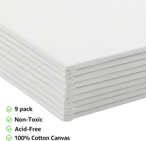 MaxGear Canvas for Painting 9"x12", 9 Pack Painting Canvas Panels, 100% Cotton Blank Flat Art Canvases for Painting for Acrylics Oil Watercolor Te...