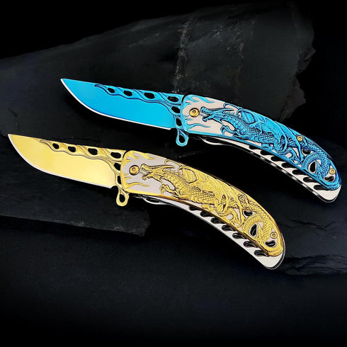 Pocket Knife for Men, Cool Folding Knife With 3D Blue Dragon Embossed Relief, Great Christmas Gift Edc Knife For Men Outdoor Survival Camping...