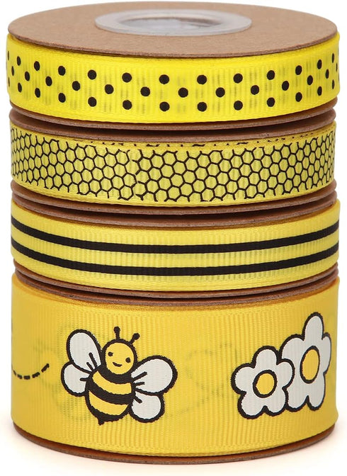 Bee & Flower Grosgrain Ribbon Yellow Black White for Gift Wrapping,Party Decoration,Hair Bows,All Crafting and Sewing (4 rolls bee set)...