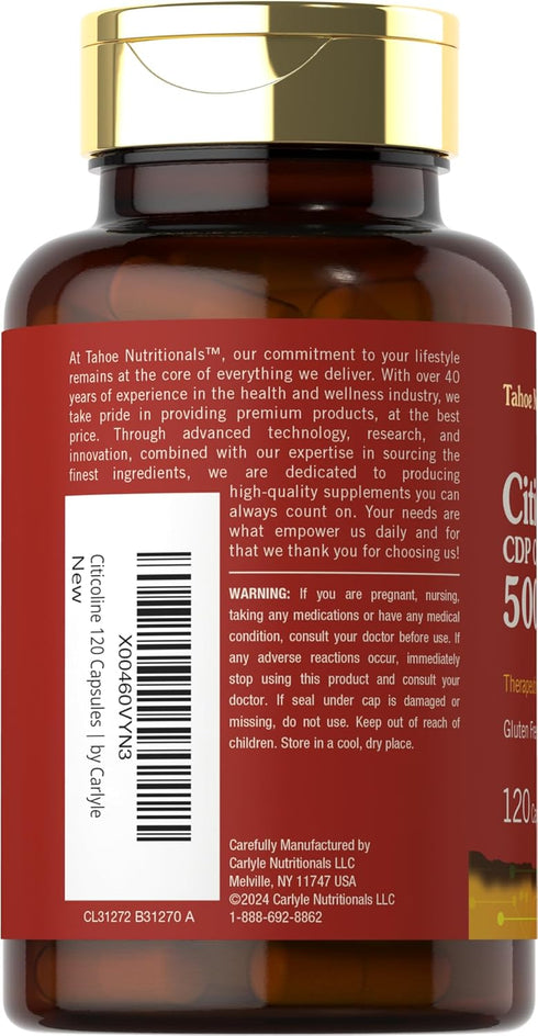 Citicoline 500mg | 120 Capsules | CDP Choline Supplements | Therapeutic Grade | Gluten Free, Non-GMO...