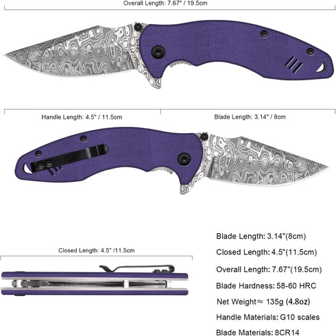 Pocket Folder Folding Knife: 3.14" Stainless Steel Blade, G10 Scales, Thumb Stud Liner Lock, EDC Knives for Outdoor Survival, Great Gifts for Men ...