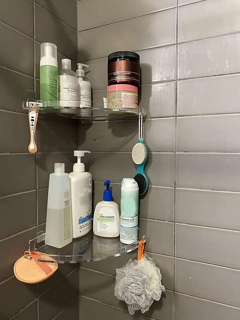 JiePai Acrylic Corner Shower Caddy Shelf with Hooks 2 Pack, Adhesive Wall Mounted Bathroom Shower Organizer for Inside Shower & Kitchen Storage, S...