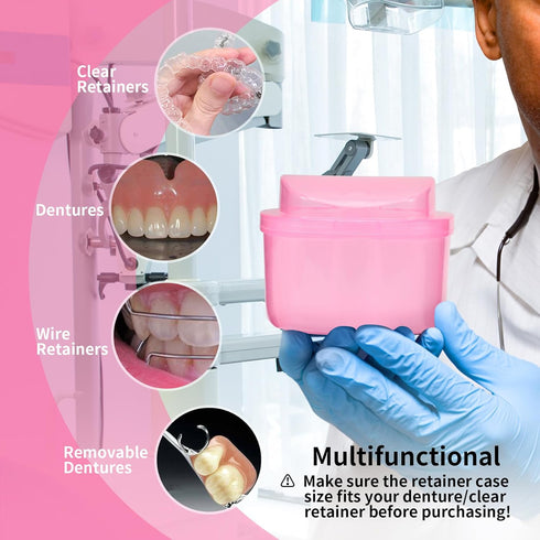 Dental Orthodontic Retainer Container Cleaning Case,Denture Bath Box Case Cup Holder, Mouthguard Storage Soaking Case - Pink...