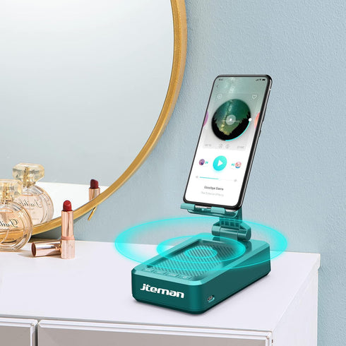 JTEMAN Cell Phone Stand with Wireless Bluetooth Speakers,Angle Adjustable Strong Pedestal Phone Stand for Desk,HD Sound and Bass Bluetooth Speaker...