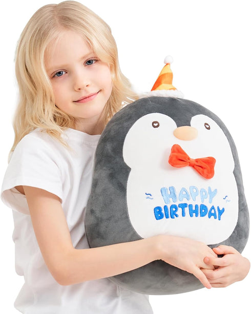 16 inch Happy Birthday Penguin Plush Pillow, Soft Penguin Plushies Toy, Cute Ocean Stuffed Animal Home Room Decoration Birthday Party Gift for gir...