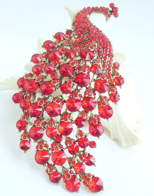 Sindary Pretty Bird 4.33" Peacock Brooch Pin Austrian Crystal BZ5651 (Gold-Tone Red)...