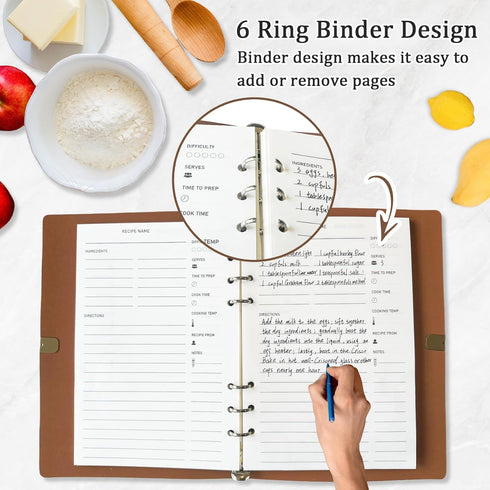 Blank Recipe Book To Write In Your Own Recipes,5.6 X 8.2 Recipe Ring Binder with PU Leather Cover,Recipe Journal with 160 Recipes (brown)...
