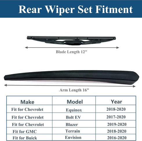 Rear Windshield Wiper Arm Blade Set for Chevy Equinox 2018-2020/ GMC Terrain 2018-2020/Chevy Bolt EV 2017-2020 Chevy Blazer 2019-2020/Buick Envisi...