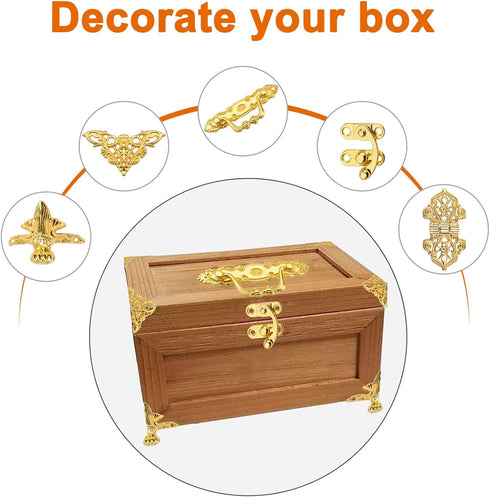 Gold Jewelry Box Antique Lock Latch Hasp Hinges Handle Box Corner Protectors Kit for DIY Jewelry Box, Wood Case Jewelry Chest Storage Box Feet Leg...
