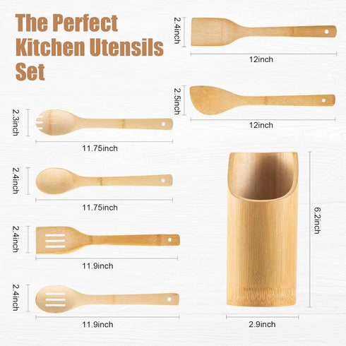 Wooden Spoons for Cooking 7-Piece - Kitchen Wooden Cooking Utensils Set with Holder Bamboo Wooden Spoons Spatula for Cooking Nonstick Bamboo Kitch...