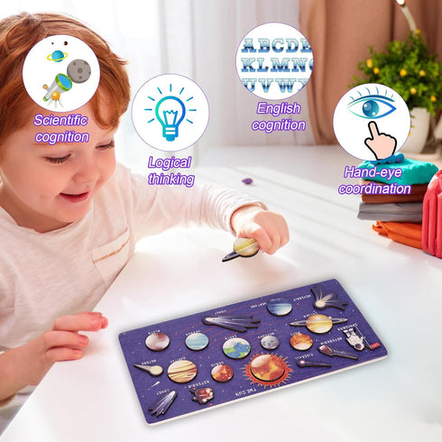 Solar System Puzzle, 11.42x5.91 Inch Space Wooden Jigsaw Puzzle Solar Planets Toys for Kids Preschool Learning Project Early Childhood Games Gift ...