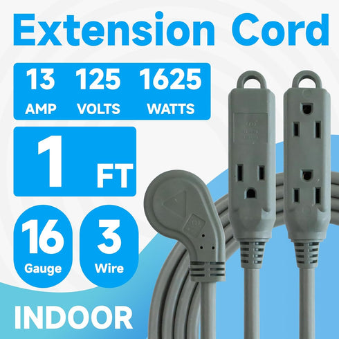 1 Ft Flat Plug Extension Cord, 16 AWG 3 Prong Grounded Low Profile Extension Cable,3 Outlet Extension Wire for Indoor, Grey...