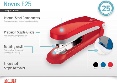 Novus E25 Compact Stapler, 25 Sheet Capacity, Precision Staple Guide, German Engineered, Staple|Pin|Tack, 10 Year Warranty (Black)...