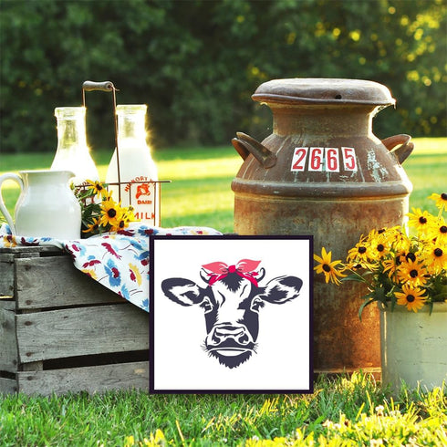 FINGERINSPIRE Cow Painting Stencil 11.8x11.8 inch Reusable Cow Head Pattern Drawing Template Plastic PET Bow Knot Stencil for Painting Square Farm...