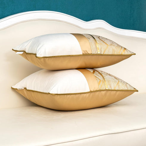 Alerfa 12 x 20 Inch Khaki White Geometric Striped Gold Leather Patchwork Velvet Cushion Case Luxury Modern Lumbar Throw Pillow Cover Decorative Pi...