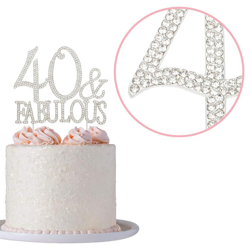 40 Cake Topper - Premium Silver Metal - 40 and Fabulous - 40th Birthday Party Sparkly Rhinestone Decoration Makes a Great Centerpiece - Now Protec...