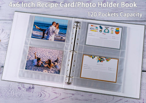 A4 3 Ring Binder Recipe Card Holder Book with 30 Pack 4x6 Inch Recipe Card Protector Pages, Linen Hardcover Organization Book for Recipe Cards?120...