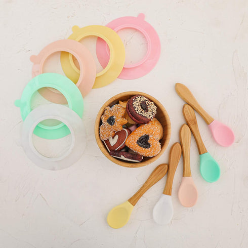 Baby Bowls and Spoons, Baby Bamboo Bowl and Spoon | Silicone Suction | Bamboo Baby Bowls for Baby | Baby Bowls First Stage | Baby Wood Bowls (Cyan...