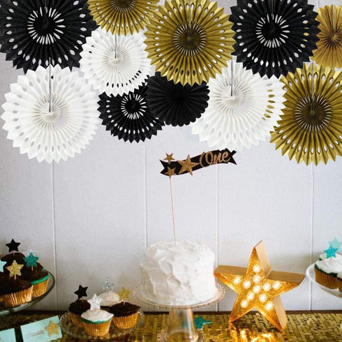 BEISHIDA Black Gold White Hanging Honeycomb Round Paper Fans Decoration Set for New Year Baby Shower Birthday Wedding Bachelorette Photo Booth Bac...