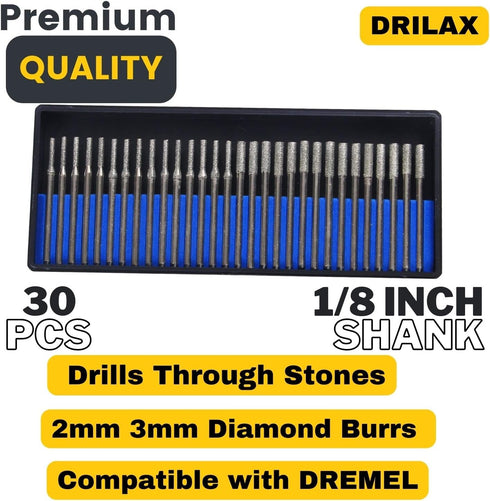 Drilax 30-Pc Diamond Drill Bit Set | 15x 2mm & 15x 3mm | 1/8" Shank Dremel Compatible for Glass, Sea Glass, Gemstones & Lapidary...