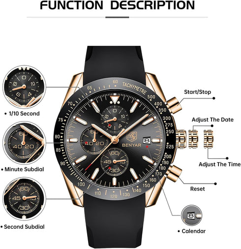 BY BENYAR Watch for Men Analog Quartz Chronograph Waterproof Luminous Designer Mens Wrist Watches Business Work Sport Casual Dress Watch with Sili...