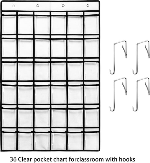 36 Clear Pockets Classroom Pocket Chart for Cell Phones, Pocket Chart for Calculator Phone Holder with 36 Number Stickers and Hooks (White)...