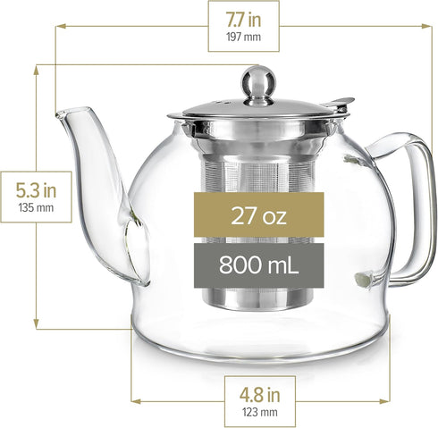 Teabloom Dublin Glass Teapot – Premium Borosilicate Glass with Removable Stainless Infuser – Stovetop Safe – Ideal for Loose Leaf Tea – Tea for Tw...