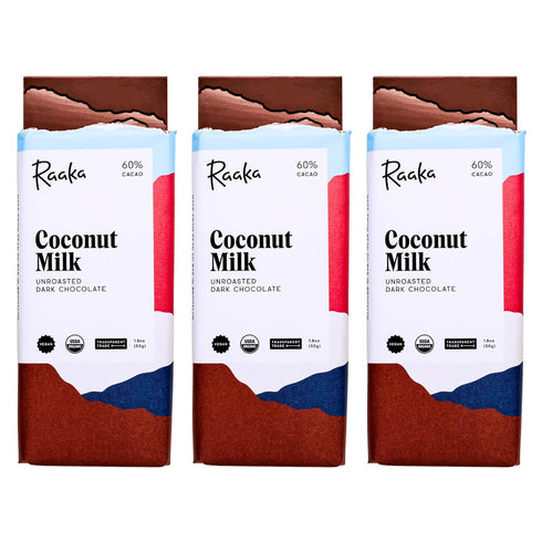 Raaka Chocolate 60% Cacao Coconut Milk Dark Chocolate Bars, 3-Pack, 1.8oz...