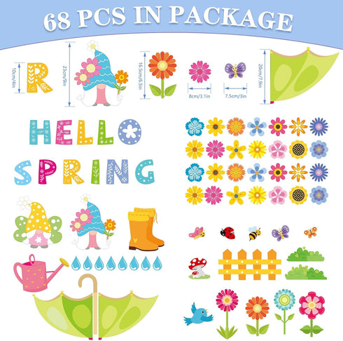 Konsait Spring Bulletin Board Decorations, 68Pcs Spring Bulletin Board Set, Big Umbrella Flowers Waterdrop Spring Cutouts for Home Office Classroo...