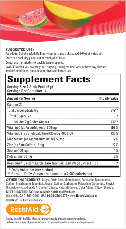 Nature Made Wellblends Active Immune Defense Fizzy Drink Mix, ResistAid, Vitamin C 500mg, Vitamin D 1000 IU, Zinc, and Electrolytes Powder, 14 Sti...