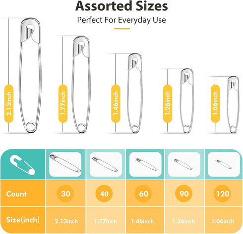 Huhuhero 340 Pack Safety Pins Assorted, Small and Large Safety Pins for Clothes Costume, 5 Different Sizes Nickel Plated Steel Pin Bulk, Sewing Cr...