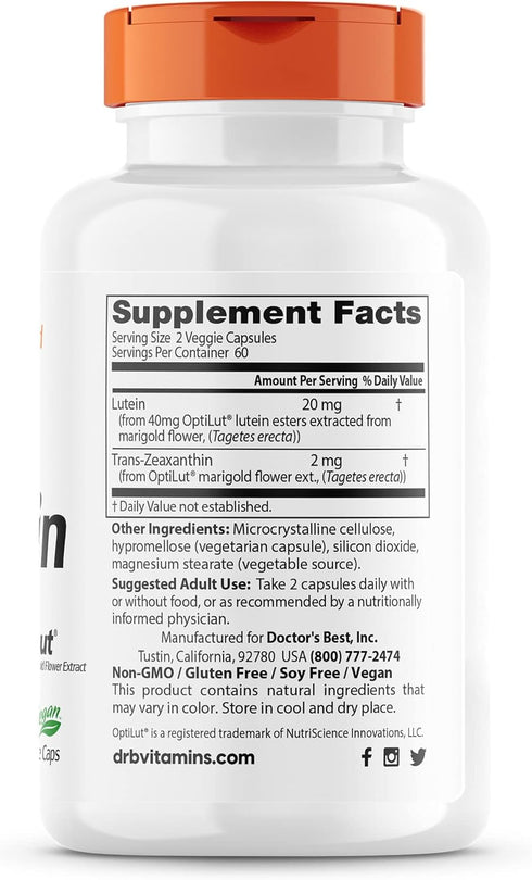 Doctor's Best Lutein with OptiLut Non-GMO, Vegan, Gluten Free, Soy Free, Eye Health, 20 mg, 120 Veggie Caps...