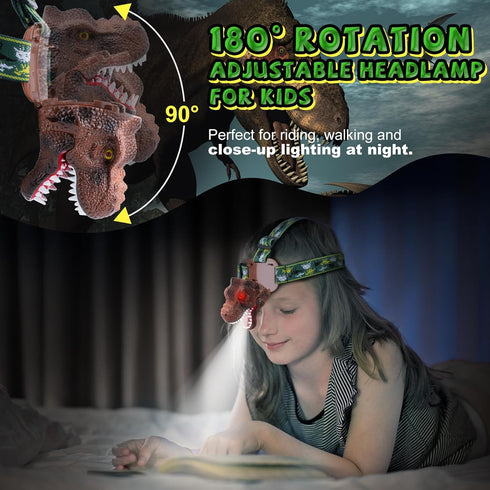 Dinosaur Headlamp for Kids Flashlight Rechargeable Led Headlights Roar & Silent Mode, T-Rex Dinosaur Toys, Camping Gear, Gifts for Boys Girls Adul...
