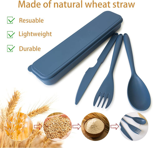 JIABEIUS Large Travel Utensils with Case, 4 Pack Wheat Straw Flatware Reusable Utensils, Portable Travel Cutlery Set for Lunch School Picnic Campi...