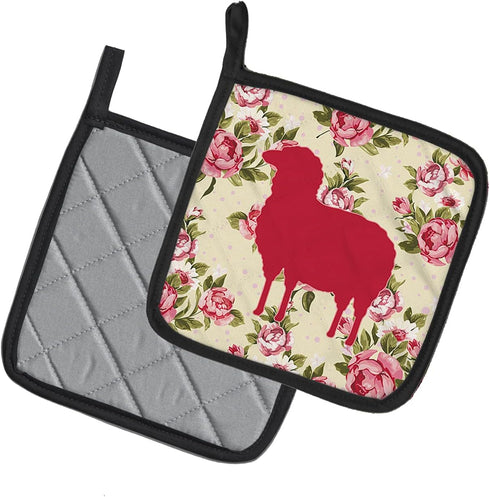 Caroline's Treasures BB1126-RS-YW-PTHD Sheep Shabby Chic Yellow Roses Pair of Pot Holders, Yellow Kitchen Heat Resistant Pot Holders Sets Oven Hot...