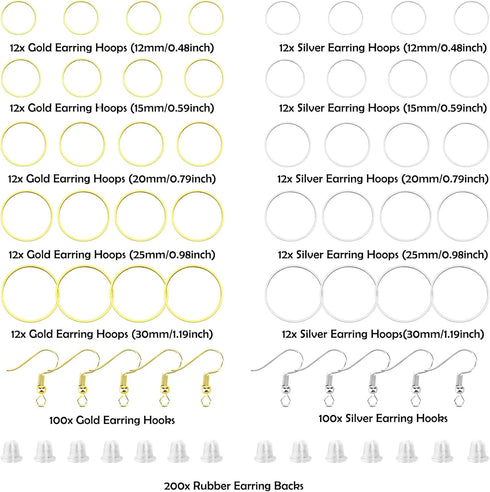 520Pcs Earring Hoops for Jewelry Making,with 120Pcs Round Beading Hoops Earring Findings Hoop Earrings and 200Pcs Earring Hooks,200Pcs Earring Bac...