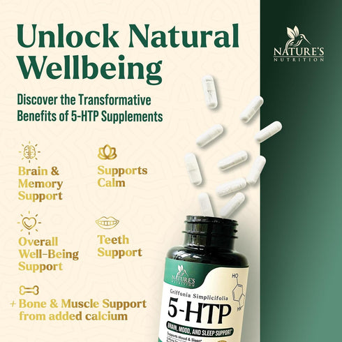 5 HTP Supplement Vegetarian Capsules 200mg 5HTP Plus Calcium for Brain Support - Extra Strength Griffonia Simplicifolia 5-HTP Formula - 5 Hydroxyt...
