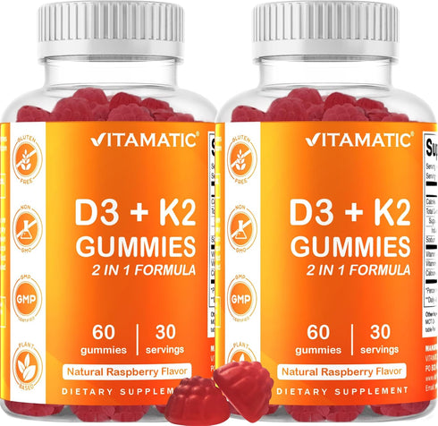Vitamatic 2 Pack Vitamin D3 K2 Gummies - 60 Count - Supports Healthy Bone, Heart & Calcium Absorption, & Immune Health - Plant Based, Non-GMO, Glu...