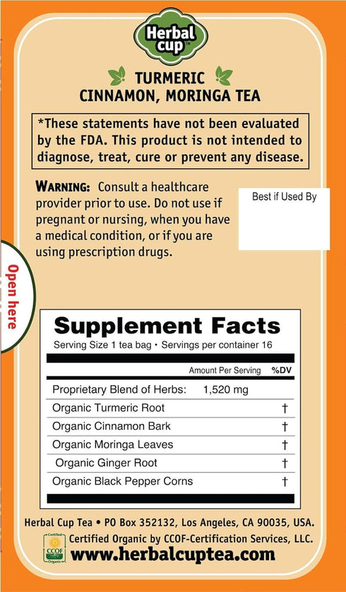 Herbal Cup Ayurveda Turmeric Tea, Organic Cinnamon Moringa, No Caffeine Herbal Supplement (16 Count, Pack of 1)...