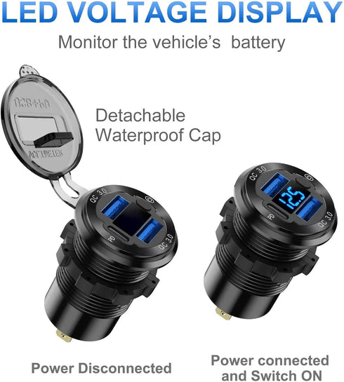 2 Pack 12V USB Outlet Wire Aluminum Car Charger Multi Port, Dual USB Quick Charge 3.0 Port and PD USB C Socket with Voltmeter Switch for Car Boat ...
