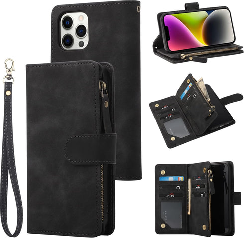 RANYOK Wallet Case Compatible with iPhone 12/12 Pro (6.1 inch), Premium PU Leather Zipper Flip Folio Wallet RFID Blocking with Wrist Strap Built-i...