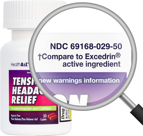HealthA2Z® Tension Headache Relief | Acetaminophen 500mg | Caffeine 65mg | Pain Reliever Aid | Aspirin Free (50 caplets (pack of 1))...