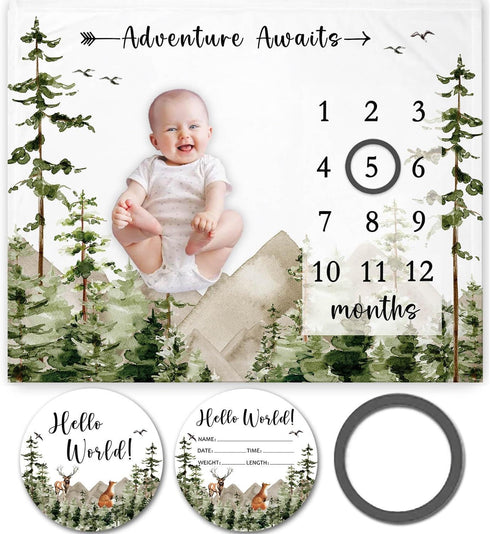 Adventure Awaits Baby Milestone Blanket with Birth Stat Sign, Mountain Baby Growth Chart Monthly Blanket, Watch Me Grow Adventure Baby Nursery for...