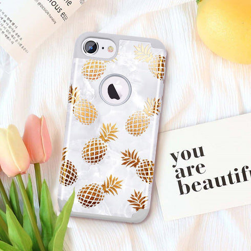 Fingic for iPhone 8 Pineapple Case,iPhone 7 Phone Case, Slim Golden Pineapple&Grey Marble Cute Pattern Cover for Girls Ladies Hard PC Soft Rubber ...